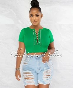 Chic Couture Online Malowa Green Rhinestones Lace-Up Ribbed Crop Top JUST IN
