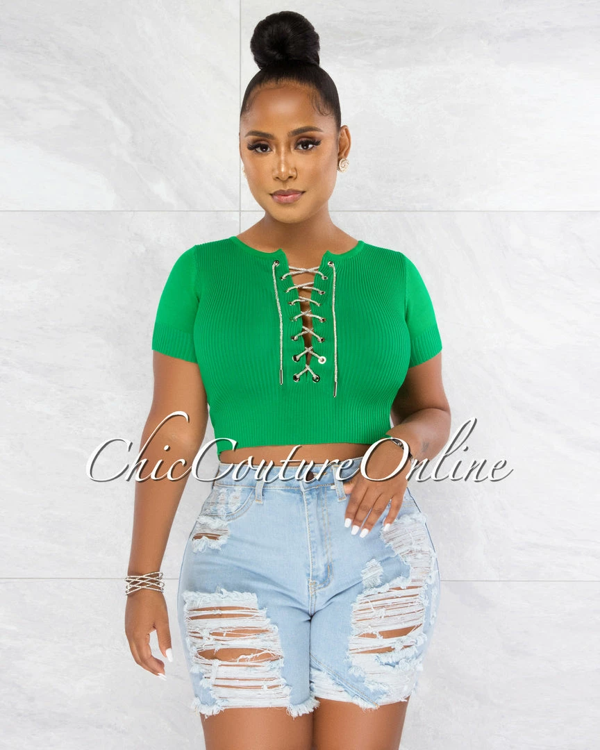 Chic Couture Online Malowa Green Rhinestones Lace-Up Ribbed Crop Top JUST IN