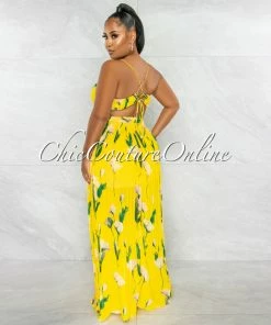 Chic Couture Online JUST IN Megan Yellow Leaf Print Cut-Out Pleated Maxi Dress