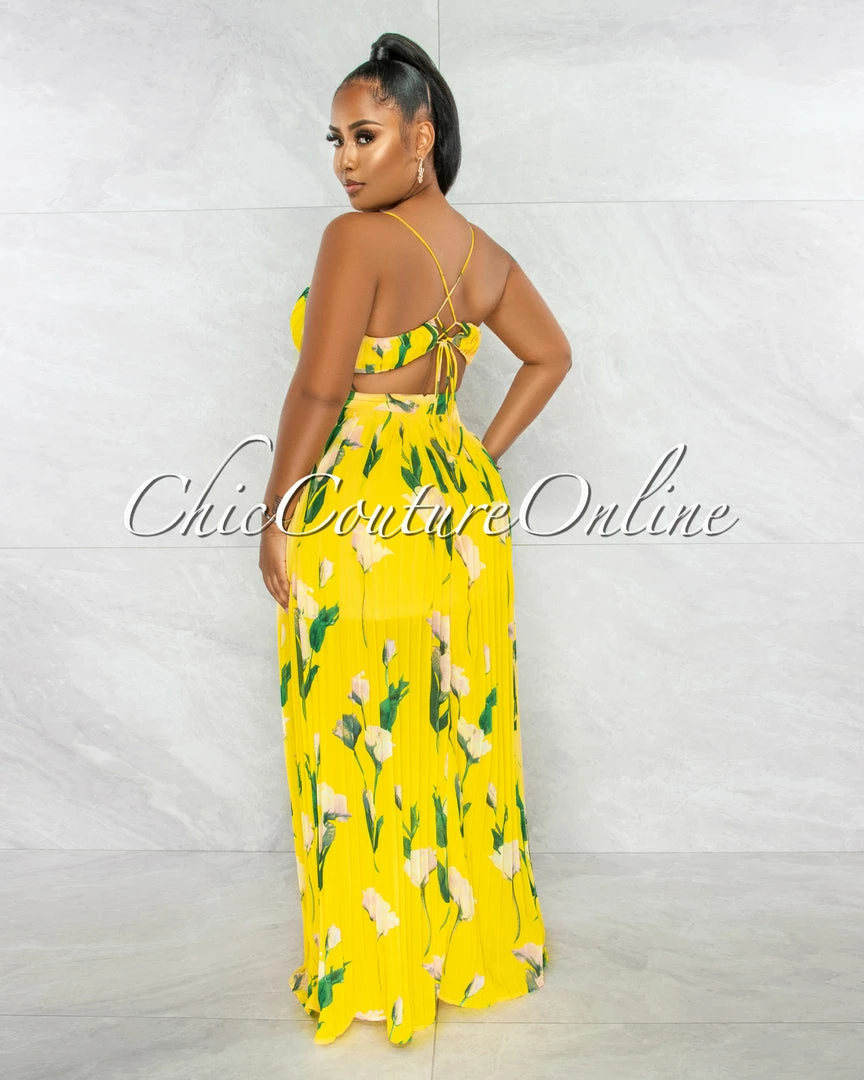 Chic Couture Online JUST IN Megan Yellow Leaf Print Cut-Out Pleated Maxi Dress