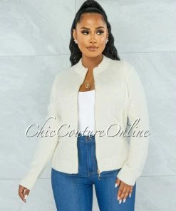 Chic Couture Online Nida Ivory Rhinestones Knit Quilted Jacket
