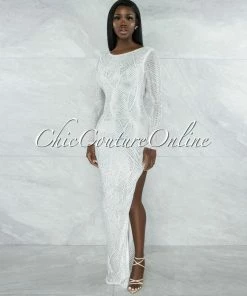 Vendor-unknown Goncalves Off-White Silver Studs Side Slit Maxi Dress JUST IN