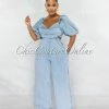 Chic Couture Online London Light Denim Bubble Sleeves Open Back Jumpsuit JUST IN