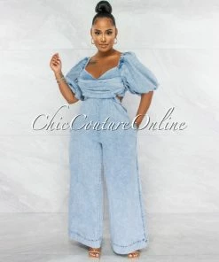 Chic Couture Online London Light Denim Bubble Sleeves Open Back Jumpsuit JUST IN