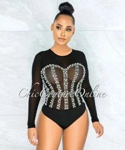 Vendor-unknown JUST IN Perlie Black Mesh Iridescent Rhinestones & Pearls Bodysuit