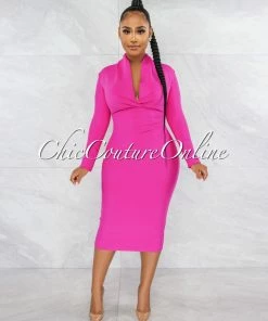 Vendor-unknown JUST IN Athina Hot Pink Draped Details Bandage Midi Dress