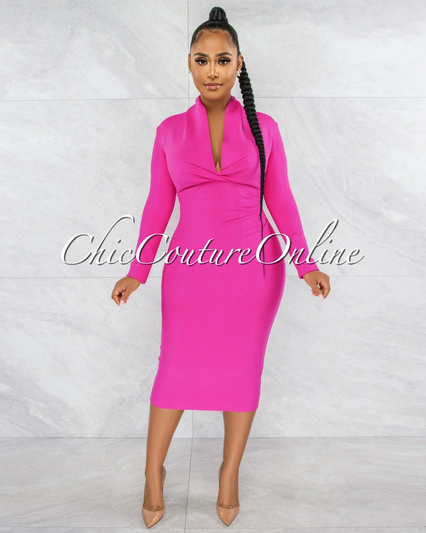 Vendor-unknown JUST IN Athina Hot Pink Draped Details Bandage Midi Dress