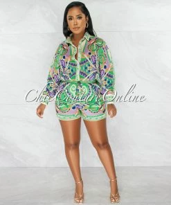Chic Couture Online Vineta Green Multi-Color Shirt & Flutter Mini Shorts Set