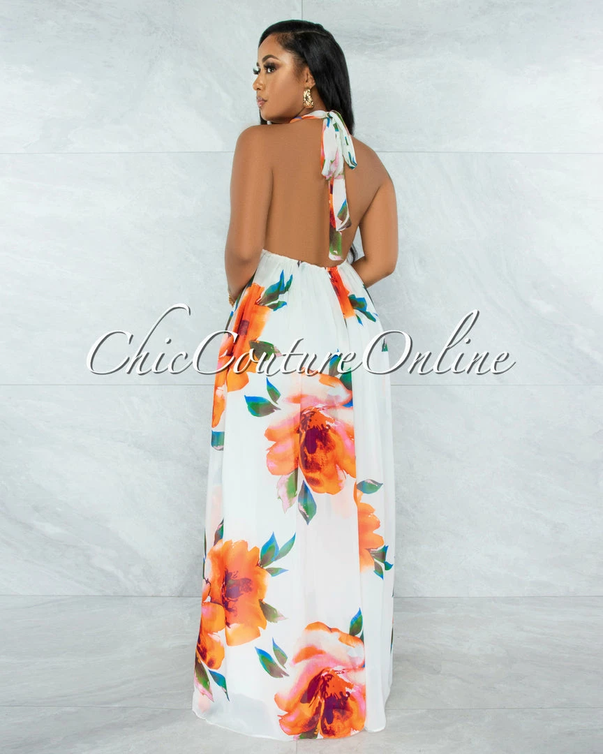 Vendor-unknown Barksdale White Floral Print Halter Jumpsuit