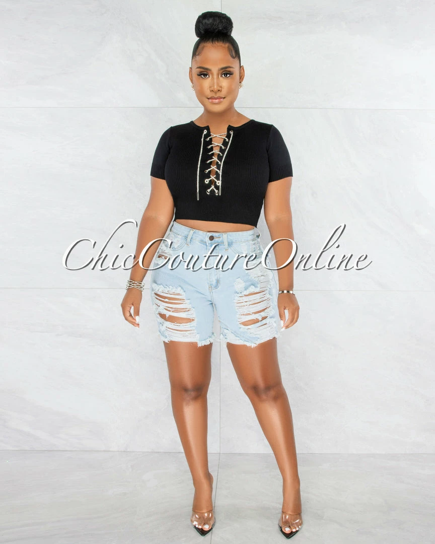 Chic Couture Online Malowa Black Rhinestones Lace-Up Ribbed Crop Top