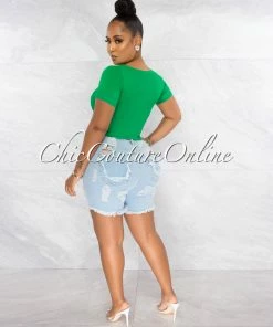 Chic Couture Online Malowa Green Rhinestones Lace-Up Ribbed Crop Top JUST IN