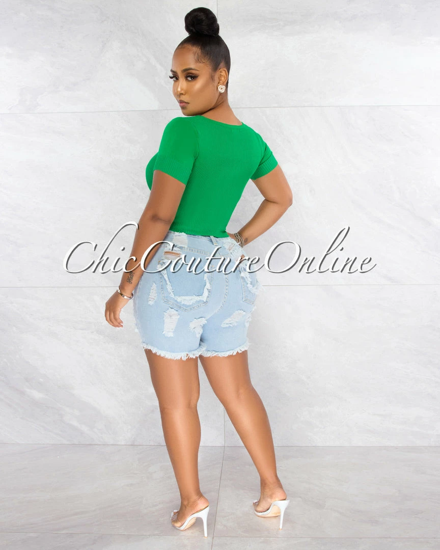 Chic Couture Online Malowa Green Rhinestones Lace-Up Ribbed Crop Top JUST IN