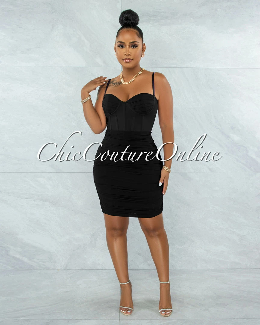 Vendor-unknown Bassett Black Mesh Ruched Bandage Corset Dress
