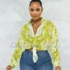 Vendor-unknown JUST IN Cinthia White Lime Print Buttoned Tie Blouse
