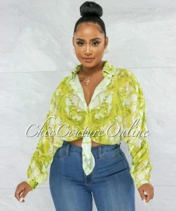 Vendor-unknown JUST IN Cinthia White Lime Print Buttoned Tie Blouse