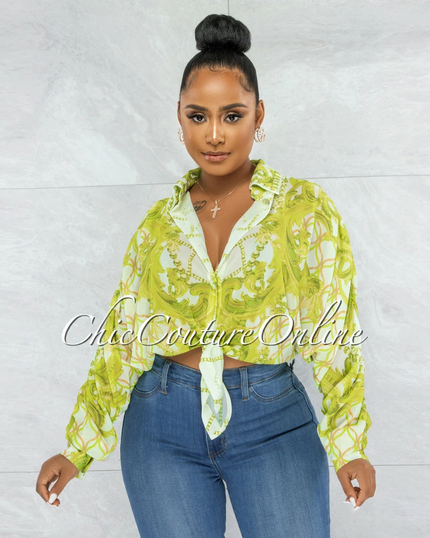 Vendor-unknown JUST IN Cinthia White Lime Print Buttoned Tie Blouse