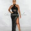 Chic Couture Online Jorah Black Sequins Mesh Details Halter Maxi Dress
