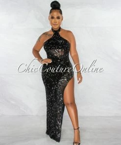 Chic Couture Online Jorah Black Sequins Mesh Details Halter Maxi Dress
