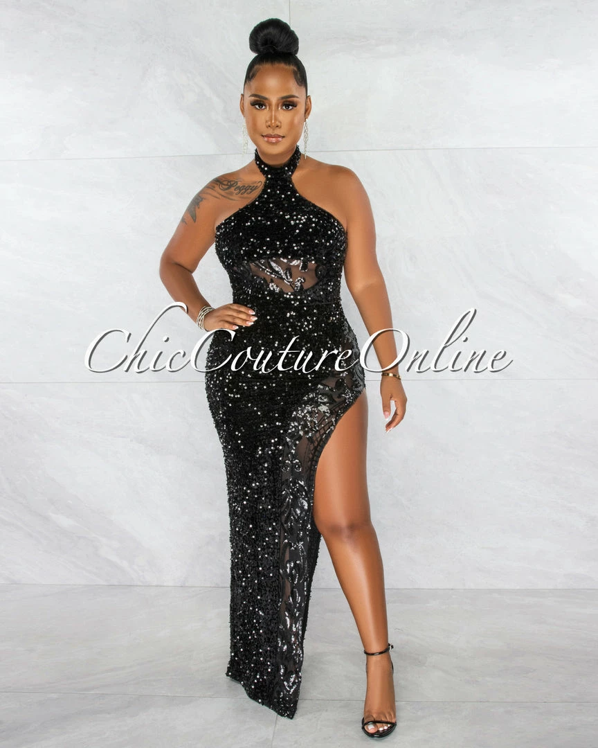 Chic Couture Online Jorah Black Sequins Mesh Details Halter Maxi Dress