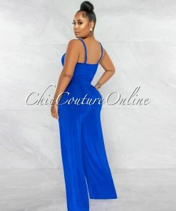 Chic Couture Online Arabella Royal Blue Knot Crop Top & Wide Pants Shimmer Set JUST IN