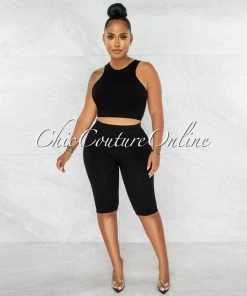 Chic Couture Online JUST IN Mandisa Black Ribbed Crop Top & Bike Shorts Set