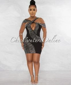 Chic Couture Online Elon Black Silver Rhinestones Asymmetrical Mini Dress JUST IN