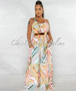 Chic Couture Online Emilia Ivory Multi Color Print Wide Ribbed Jumpsuit
