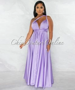 Chic Couture Online JUST IN Lorenie Lilac Deep-V Multi-Way High Slits Silky Maxi Dress