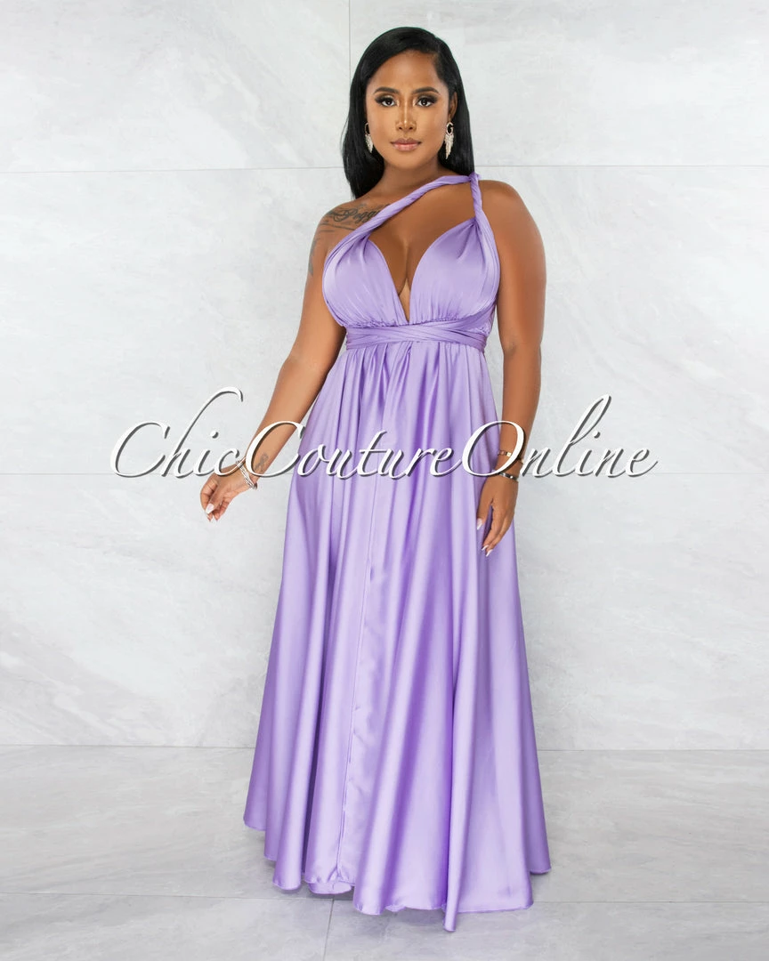 Chic Couture Online JUST IN Lorenie Lilac Deep-V Multi-Way High Slits Silky Maxi Dress