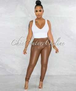 Vendor-unknown JUST IN Eara Brown Faux Leather Ruched Back Leggings