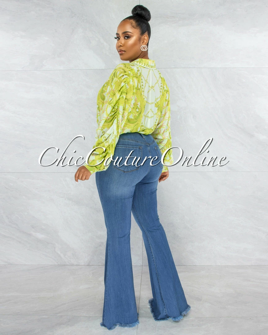 Vendor-unknown JUST IN Cinthia White Lime Print Buttoned Tie Blouse