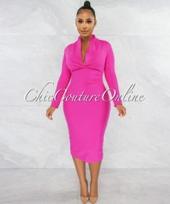 Vendor-unknown JUST IN Athina Hot Pink Draped Details Bandage Midi Dress