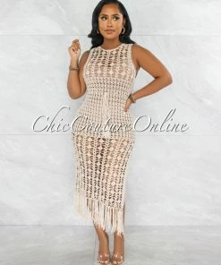 Vendor-unknown JUST IN Millan Nude Crochet Cover-Up Midi Dress