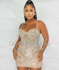 Chic Couture Online Genesis Nude Silver Rhinestones Sheer Mini Dress JUST IN
