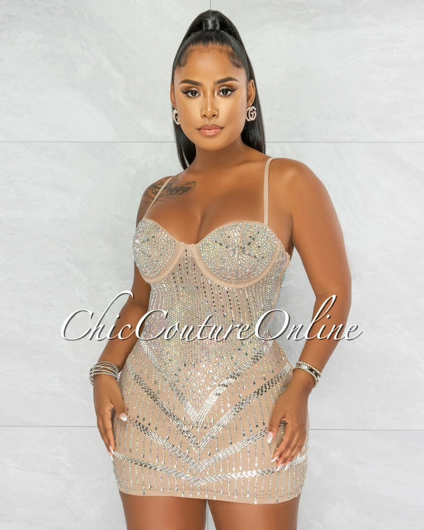 Chic Couture Online Genesis Nude Silver Rhinestones Sheer Mini Dress JUST IN
