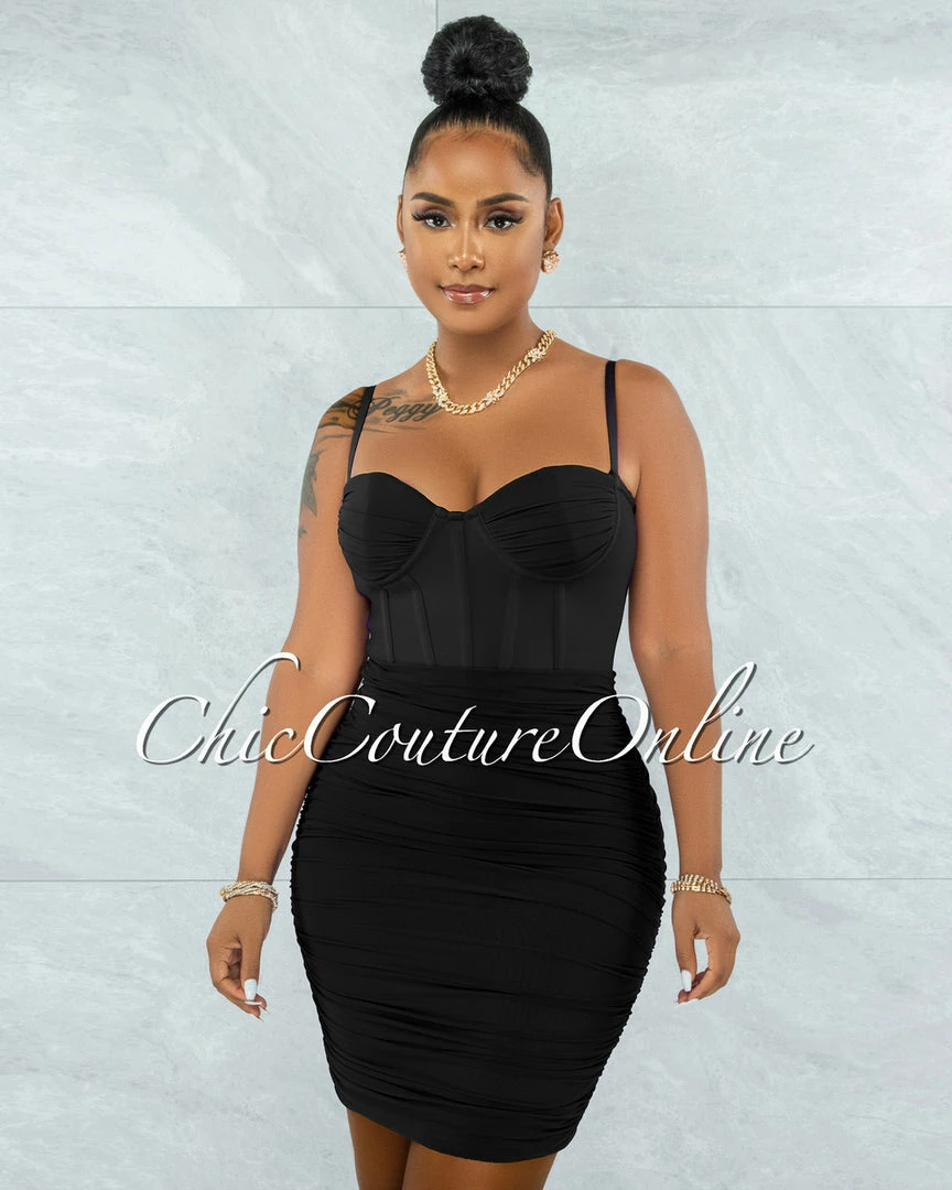 Vendor-unknown Bassett Black Mesh Ruched Bandage Corset Dress