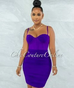 Vendor-unknown Bassett Purple Mesh Ruched Bandage Corset Dress