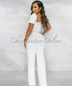 Vendor-unknown Andres Off-White Nude Fret Print Bubble Sleeves Jumpsuit