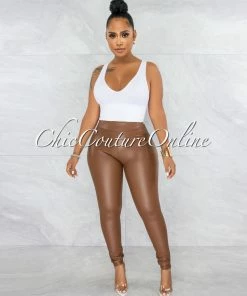 Vendor-unknown JUST IN Eara Brown Faux Leather Ruched Back Leggings