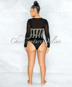 Vendor-unknown JUST IN Perlie Black Mesh Iridescent Rhinestones & Pearls Bodysuit