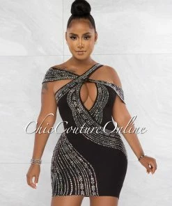 Chic Couture Online Elon Black Silver Rhinestones Asymmetrical Mini Dress JUST IN