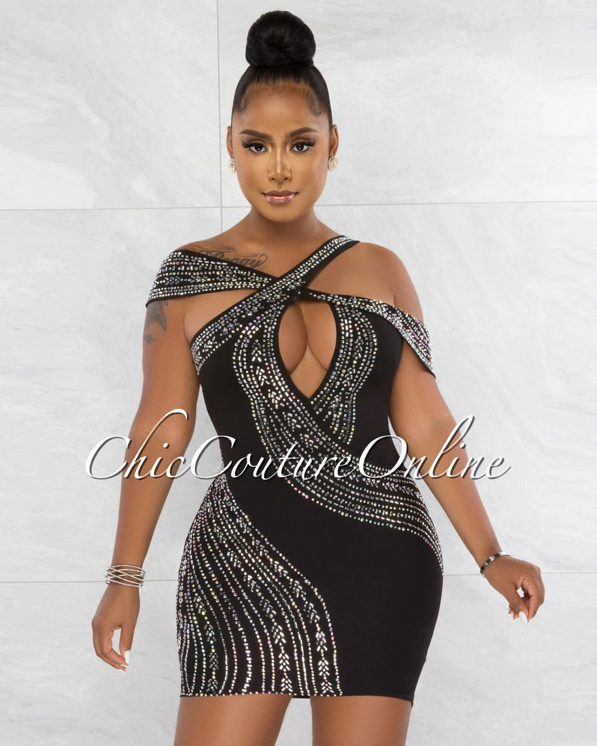 Chic Couture Online Elon Black Silver Rhinestones Asymmetrical Mini Dress JUST IN