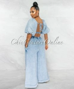 Chic Couture Online London Light Denim Bubble Sleeves Open Back Jumpsuit JUST IN