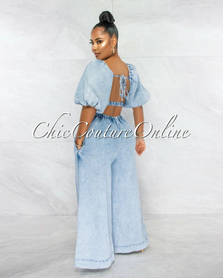 Chic Couture Online London Light Denim Bubble Sleeves Open Back Jumpsuit JUST IN