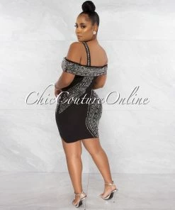Chic Couture Online Elon Black Silver Rhinestones Asymmetrical Mini Dress JUST IN