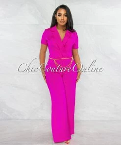 Vendor-unknown Horatio Fuchsia Crop & Wide Pants Gold Link Belt Set