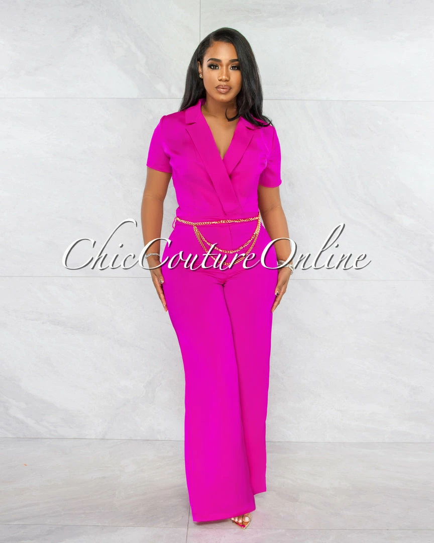 Vendor-unknown Horatio Fuchsia Crop & Wide Pants Gold Link Belt Set