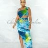 Chic Couture Online JUST IN Samira Green Blue Leaf Print Knot Cut-Out Maxi Dress