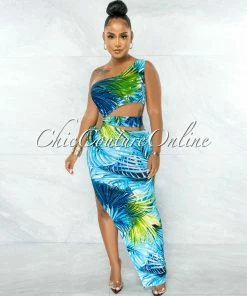 Chic Couture Online JUST IN Samira Green Blue Leaf Print Knot Cut-Out Maxi Dress