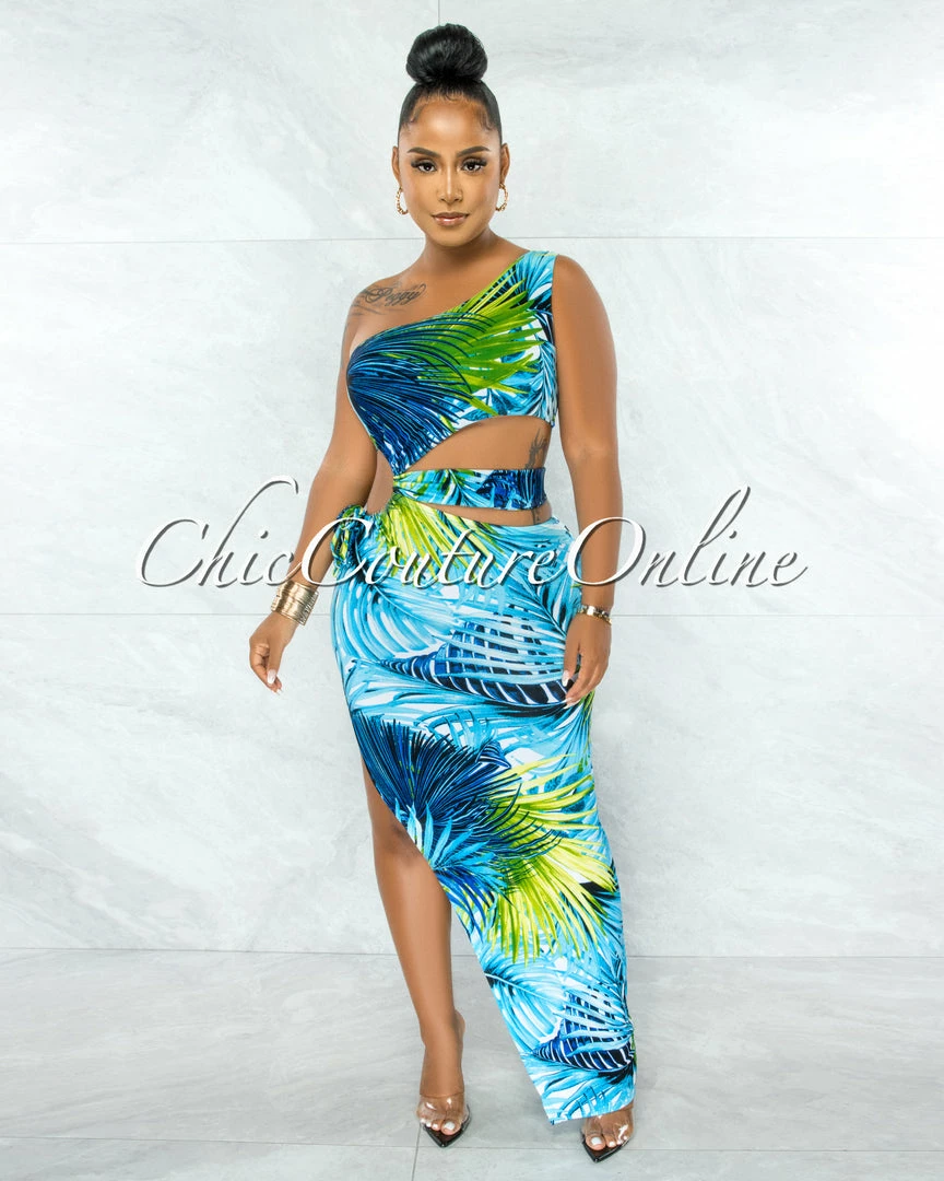 Chic Couture Online JUST IN Samira Green Blue Leaf Print Knot Cut-Out Maxi Dress